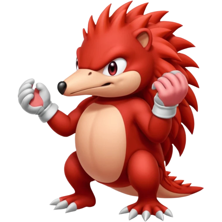 Sonic the hedgehogs friend knuckles a red animal with peach arms and white gloves he’s a echidna with red eyes emoji