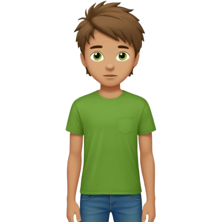 A 14 yerar old teenage boy, slightly tanned, wearing a green tshirt, blue jeans and green sneakers with brown tousled hair emoji