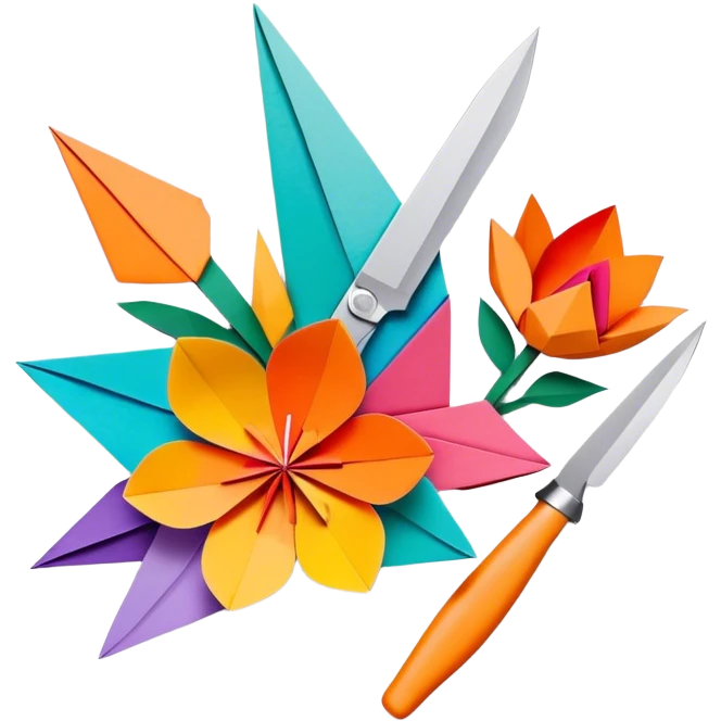 Paper crafting icon, colorful paper sheets, origami figures, 3D paper flowers, visible scissors and craft knife, minimalistic style, clean lines, transparent background. emoji