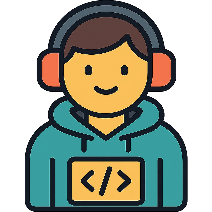 a smart coder, with a hoodie and headphones, minimalist flat style emoji