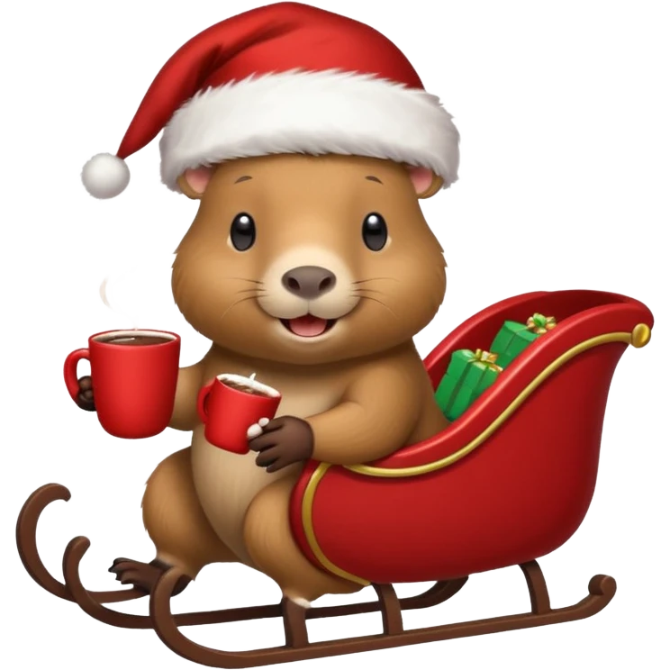 capybara wearing a santa hat, holding a cup of hot cocoa in a sleigh emoji