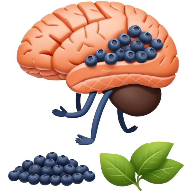 brain surrounded by healthy lifestyle choices, exercising, salmon, dark chocolate, blueberries, seeds, leafy greens . brain booster emoji