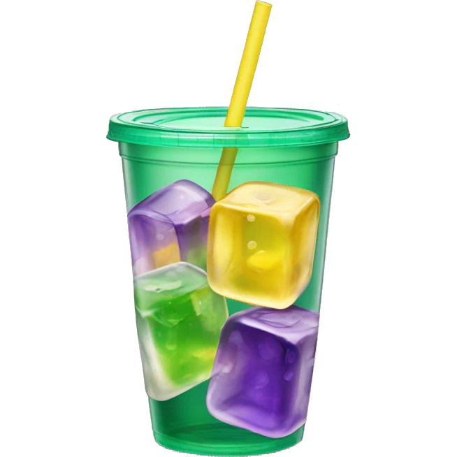 Realistic see through plastic cup and lid with half full Transluscent yellow, green ,purple soda,straw and large ice cubes inside. emoji