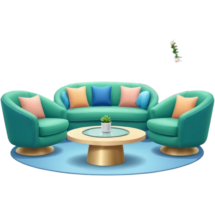 Morning entertainment TV studio, cozy talk show set with armchairs and couch, guests sitting area, round glass coffee table, warm pastel colors, green and blue lighting panels, festive decorations, friendly daytime TV atmosphere, realistic broadcast studio, no branding. emoji