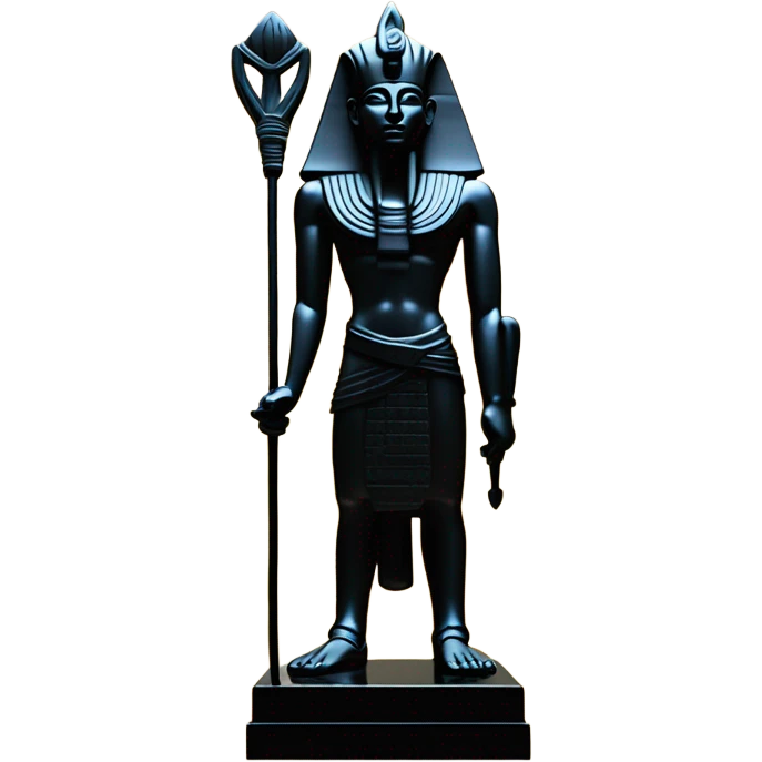 Osiris crook and flail obsidian statue on granite 30 ton brick, massive size, sunlight behind, sunset colors, reflections on black stone polished clean perfect, photography angles emoji