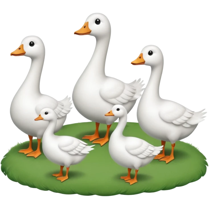 9 white geese standing on a green hill, front view, foggy, all looking in different directions, one is on the top  emoji