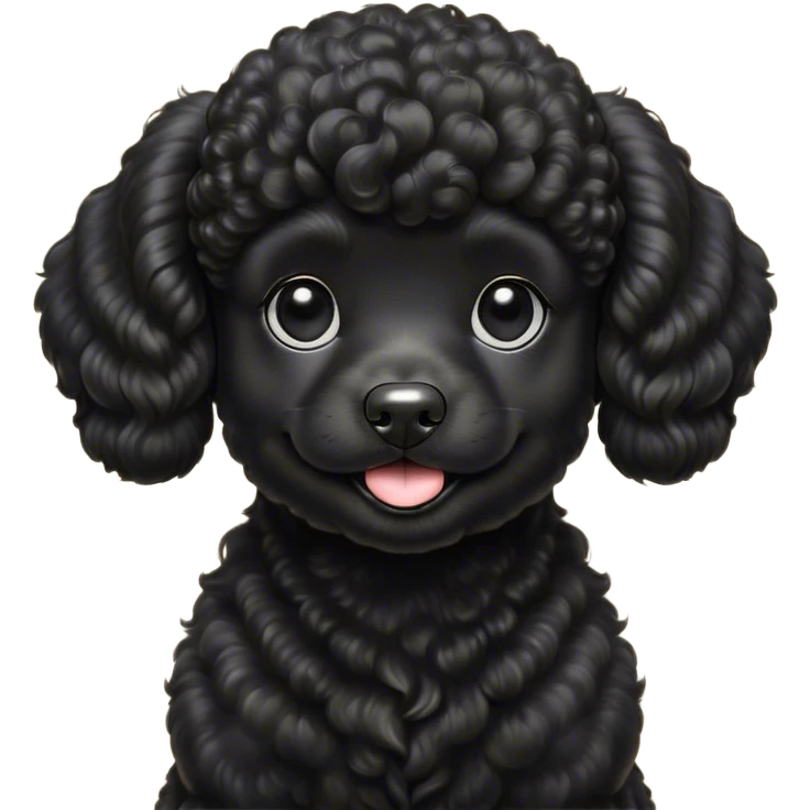 Cinematic Cute Black Poodle Portrait Emoji, Head tilted playfully and inquisitively, showcasing a bouncy, curly jet-black Fur with a striking sheen, round, sparkling dark eyes filled with curiosity, Simplified yet irresistibly adorable features, highly detailed, glowing with a warm, friendly glow, high shine, affectionate and lively, stylized with a touch of whimsy, bright and endearing, soft glowing outline, capturing the essence of a mischievous yet loving companion, so playful it feels like it could bounce out of the screen and into your arms! emoji