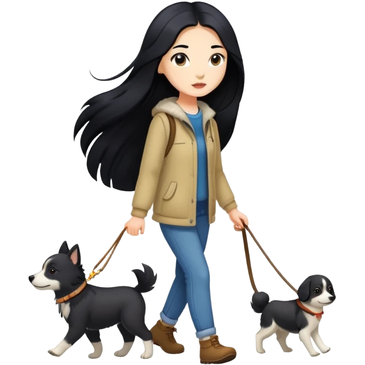 A girl with long black hair walking a small Alaskan dog emoji