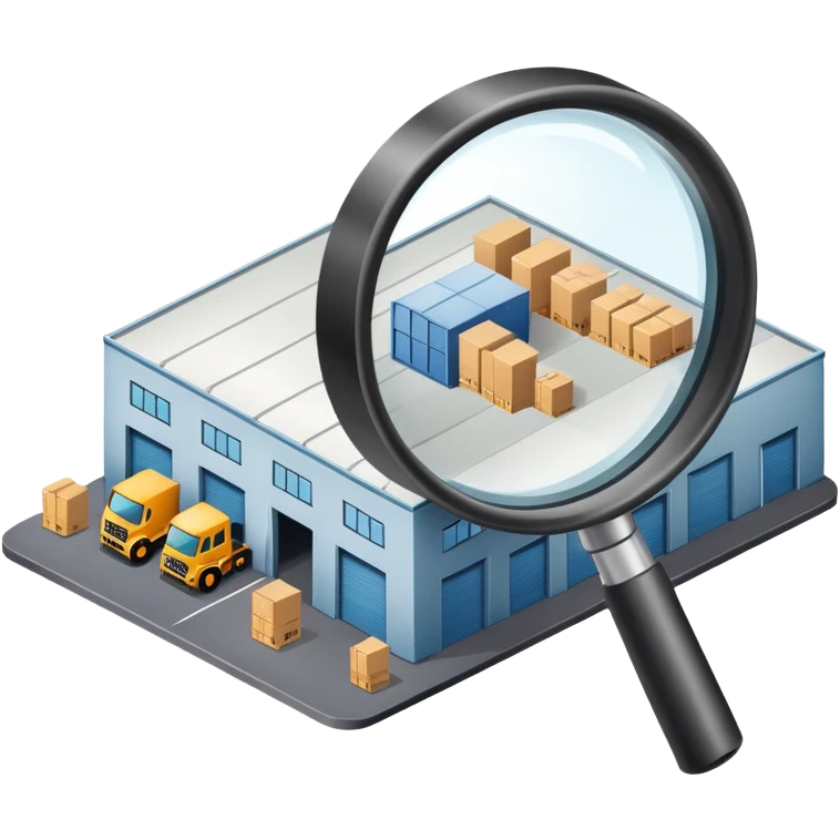 A warehouse under a magnifying glass emoji