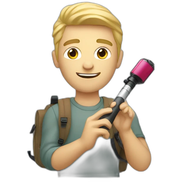 Blonde guy filming with a selfiestick and backpack emoji