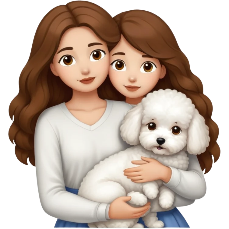 A beautiful olive skinned girl with long flowy brown hair, hugging three white bichon frise's emoji
