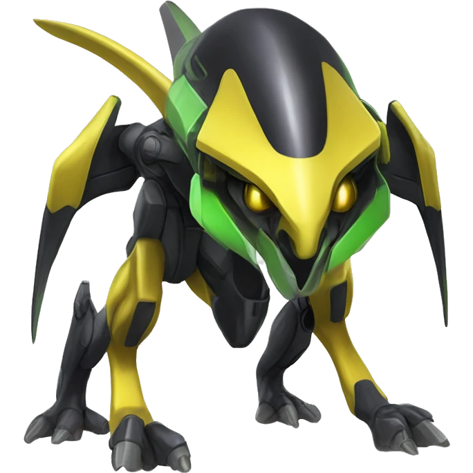 a shiny black-yellow-green Genesect-Raptor-Fakémon—hybrid with a futuristic visor-helmet full body emoji