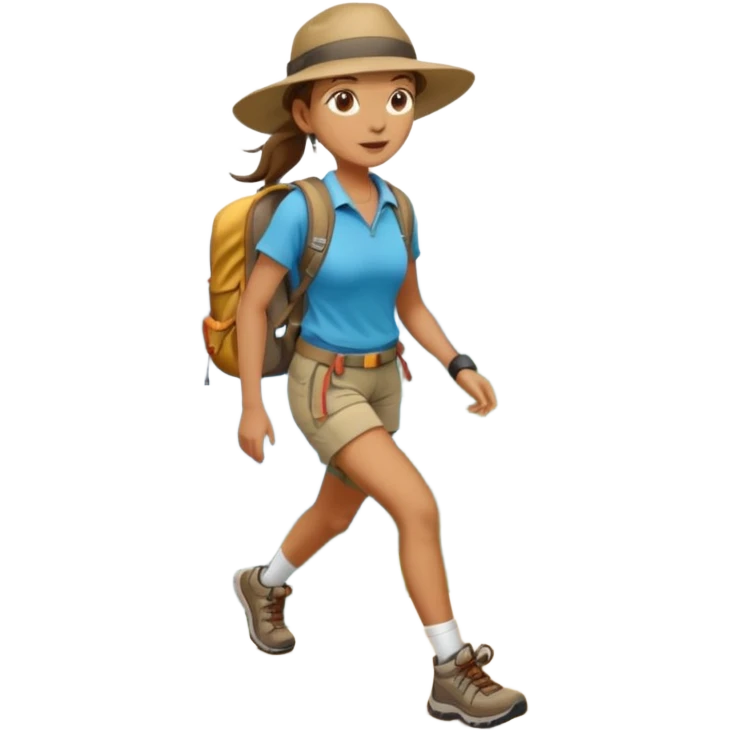Create an emoji of a woman, hiking in shorts, trekking sneakers with a backpack and a wide broom hat and a brown ponytail emoji