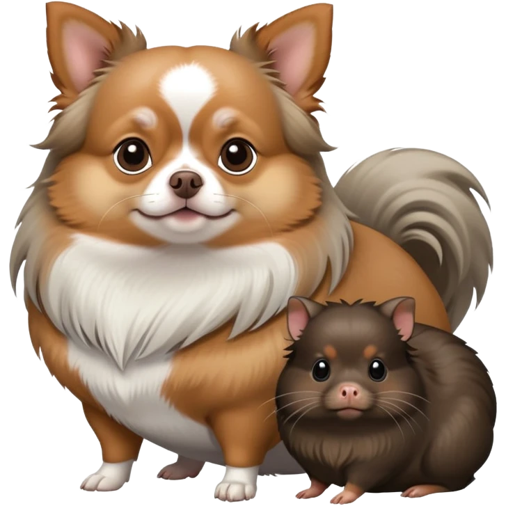 Light gray long haired Chihuahua, fat long haired short dog with brown face and fat brown and black guinea pig together  emoji