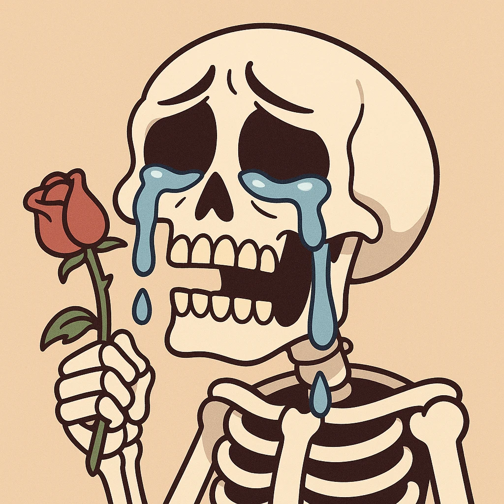 a skull with exaggerated tears and a drooping rose, cartoon style, flat toon style emoji