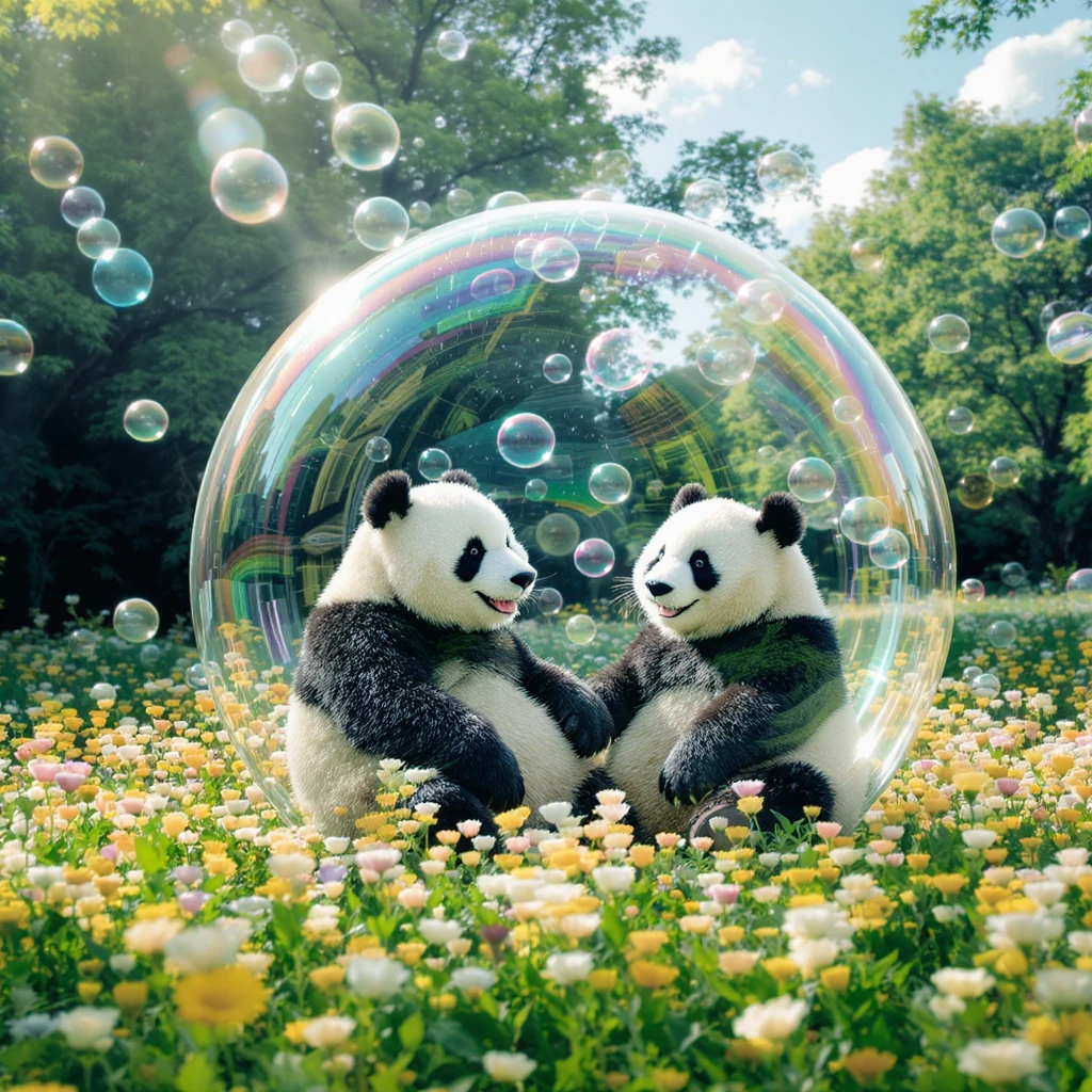 Cinematic still pandas bears sitting inside bubbles flying over field full of flowers, sunny summer day, happy vibe, minimalisic emoji