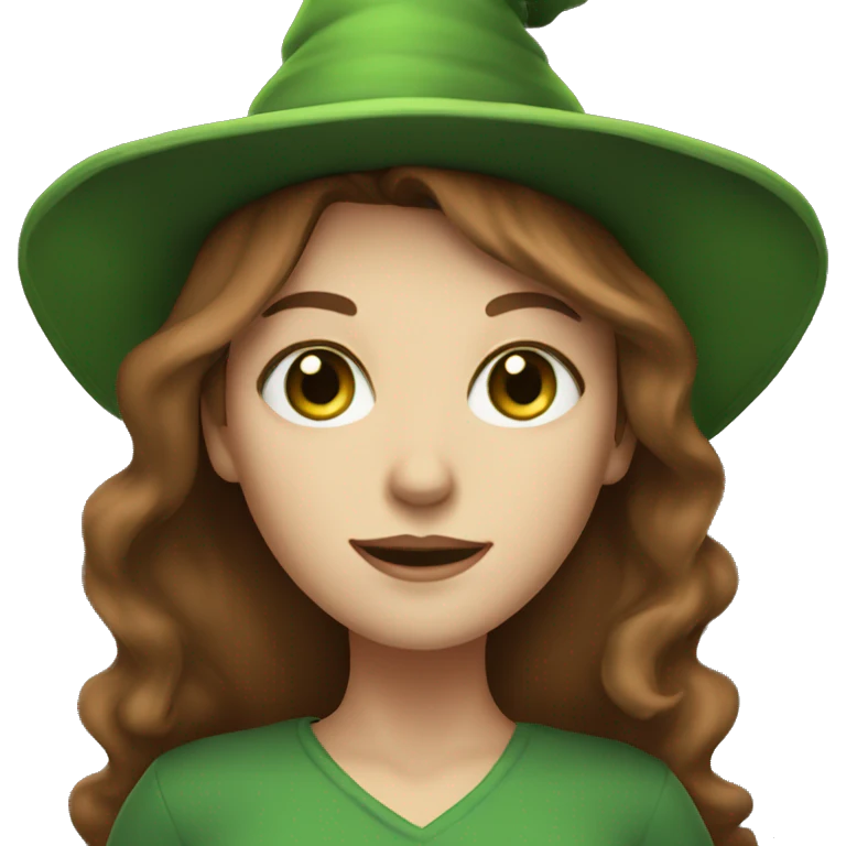 WHITE woman WITH BROWN HAIR, GREEN EYE AND green witch HAT  emoji