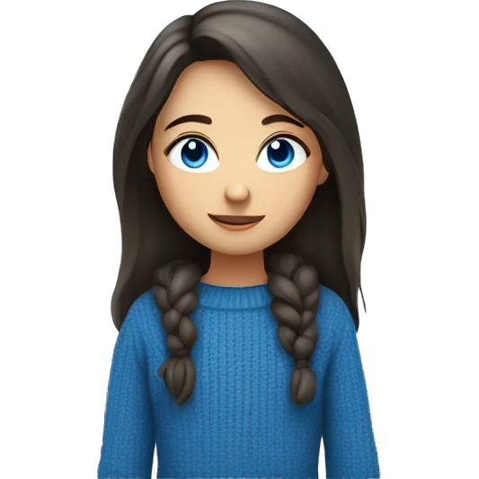 A girl with blue eyes, dark not long hair in a blue sweater. shoulder-length emoji