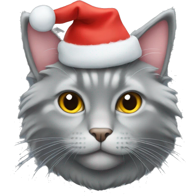 Fluffy grey cat wearing Christmas hat emoji