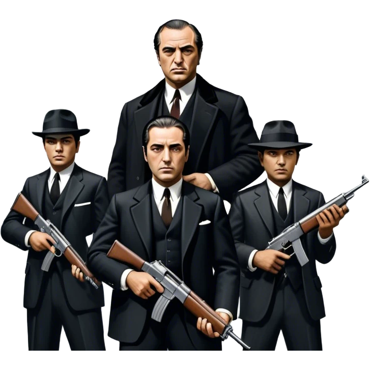 Vintage noir poster with Don Corleone surrounded by gangsters holding Thompson submachine guns. Background features New York skyscrapers, adding to the gritty, classic gangster film feel.  Dark and moody atmosphere with shadows, suits, and a mysterious vibe. Transparent background. emoji