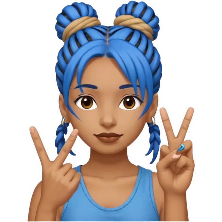brown girl with blue dreads in a bun, giving peace sign with middle finger emoji