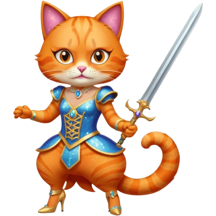 sassy orange cat in drag high heels glitter expressive face brandishing a sword emoji