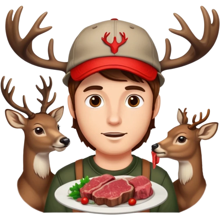 Guy with deer antlers eats meat, brown hair, with cap emoji
