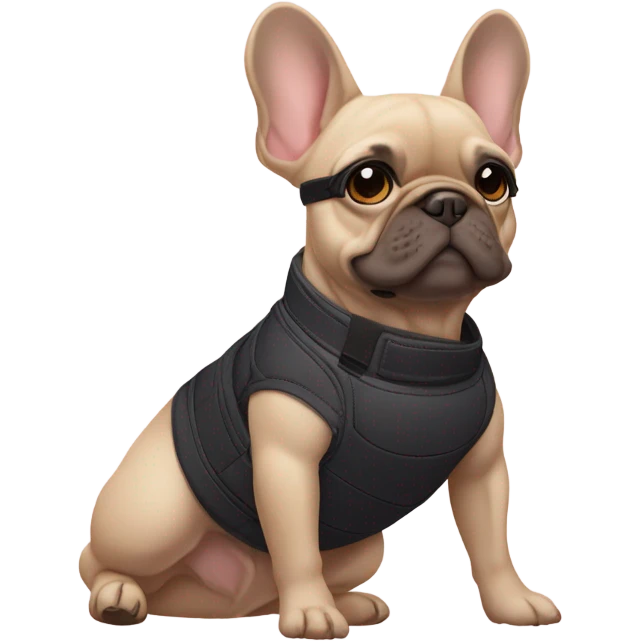Frenchie laying wearing a lululemon belt bag emoji
