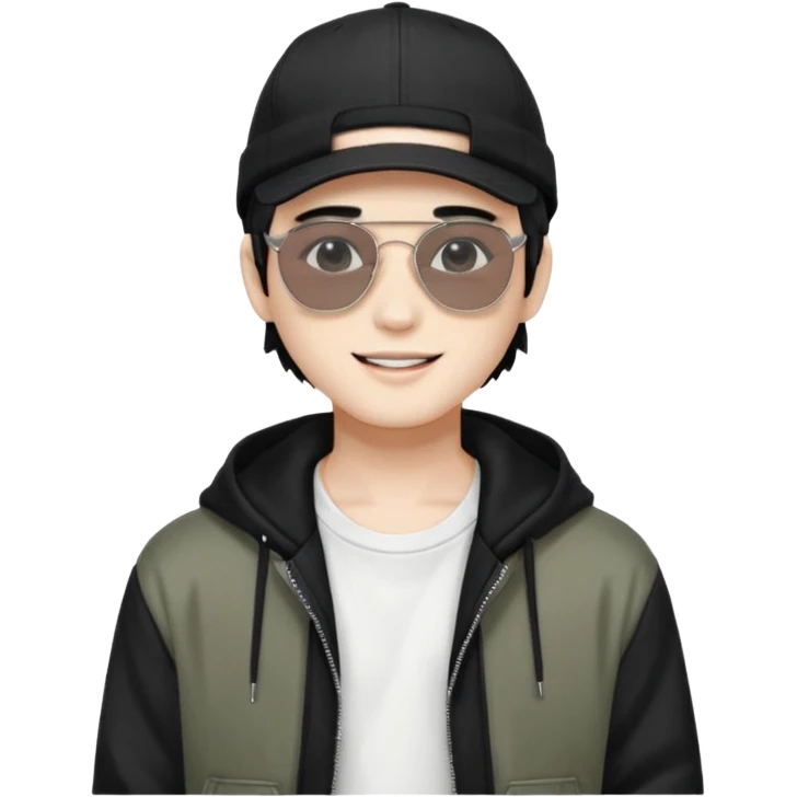 Portrait of a male K-pop idol, white skin, wearing a stylish streetwear outfit with layered clothing, makeup, wearing a black cap, smiling, sunglasses emoji