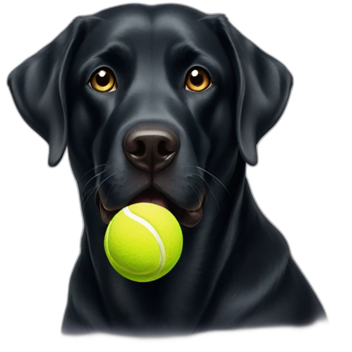 Black Labrador retriever holding three tennis balls across his mouth emoji