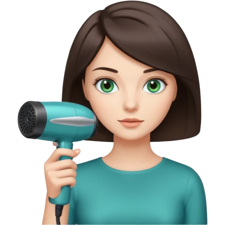 brunette bob girl hair stylist with blue green eyes holding a hair dryer emoji