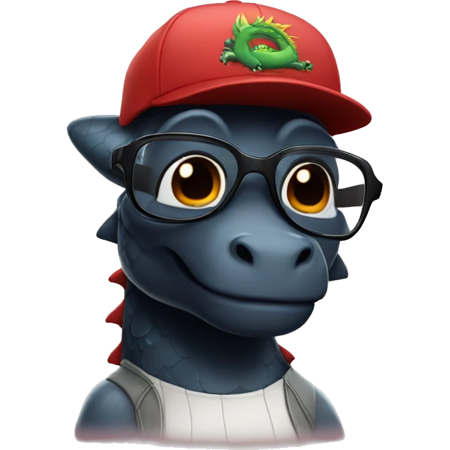 Cute black dragon in square glasses and baseball cap emoji