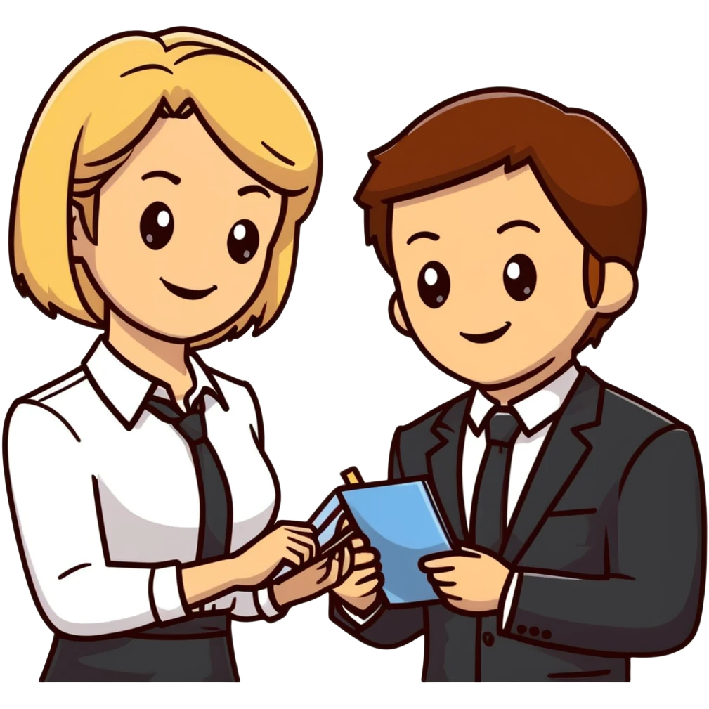 blonde woman in business suit talking to smiling brown-haired man in white shirt emoji