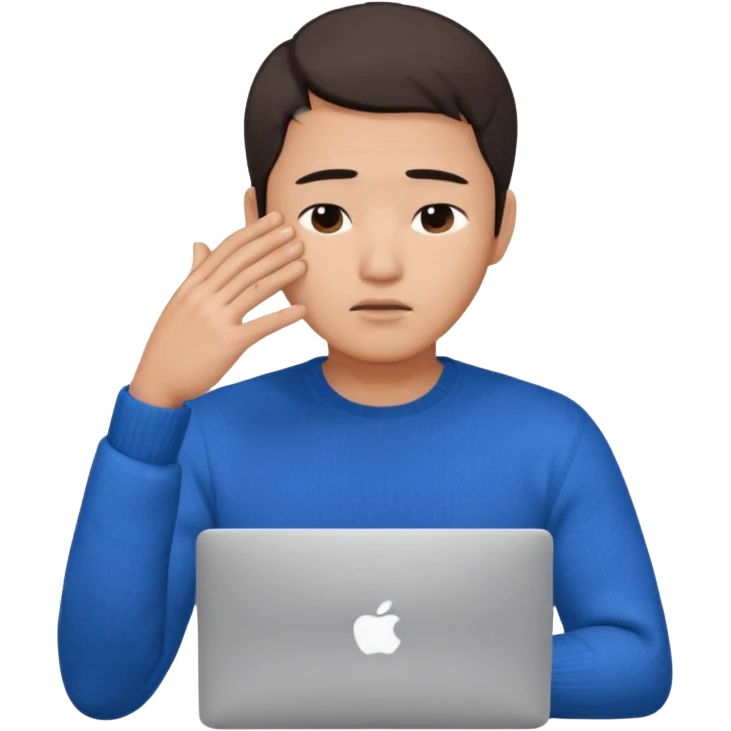 a asian handsome guy wearing a blue knit with white shirt, facepalming with only one hand, with a macbook, only upper body, high quality emoji