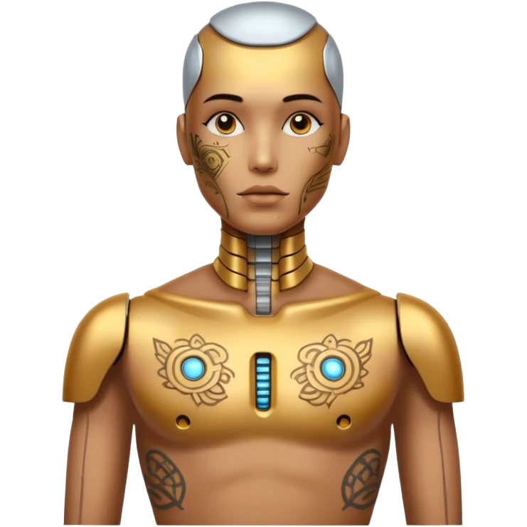 gold Tatooed robot, big many tatooes on chest, neck and face, white tatoo on face emoji