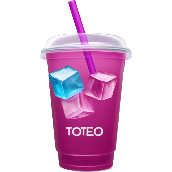 Realistic plastic cup and lid with Transluscent magenta soda and large ice cubes inside and one straw through the top of the lid. It has an inscription in the front that says "TÓXICO" emoji