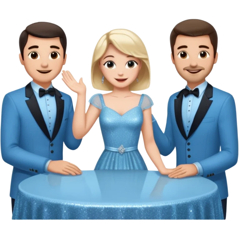 Sabrina’s carpenter in a light blue sparkly dress at a table with 3 handsome men facing each other and she is standing up putting her hand out  emoji