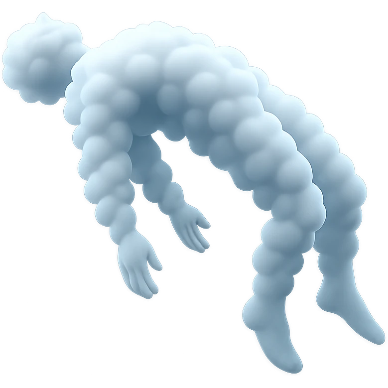 side view of unconscious person flying upwards by torso, legs and arms downwards, made of small very bright white fluffy convex clouds, matte glass style emoji