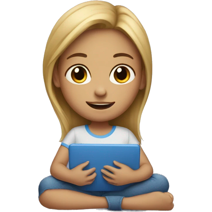 A girl is sitting on her bed with a blue ipad emoji