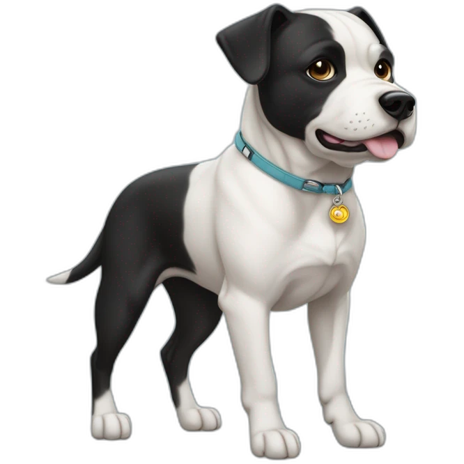 Un staffi femelle noir avec un trait blanc tres petit sur la tête avec des tache de brunger sur c'est patte arrière avec un collier ver se nomment ugette emoji