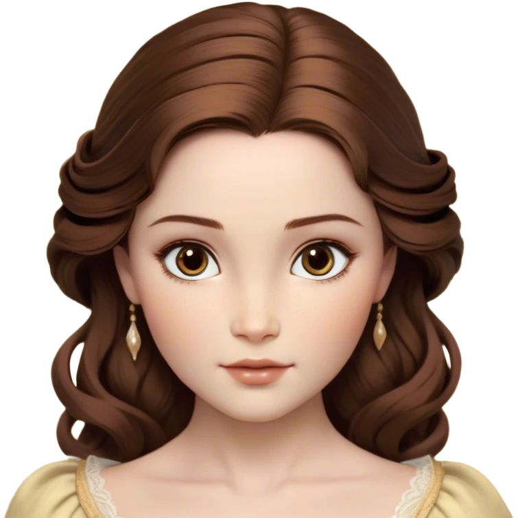 Cinematic Realistic Belle Portrait, depicted with lifelike skin texture, soft natural lighting, and intricately detailed brown hair styled elegantly. Her deep, expressive eyes exude warmth and intelligence, complemented by a serene and graceful expression. She is dressed in her classic attire, with rich fabric textures and delicate folds that catch the light beautifully. The portrait features a soft, enchanting glow with a natural, radiant finish, capturing the essence of timeless beauty in a realistic and painterly style, evoking a sense of depth and authenticity. emoji
