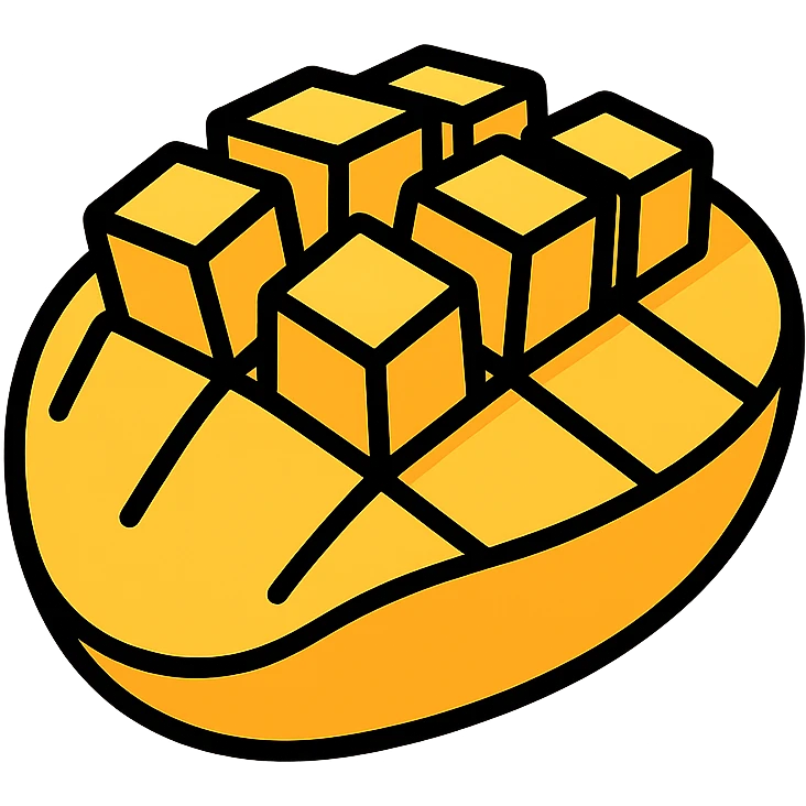 minimal flat vector icon, sliced mango with cube-cut surface, square mango chunks raised, bright yellow-orange, no face, no background emoji