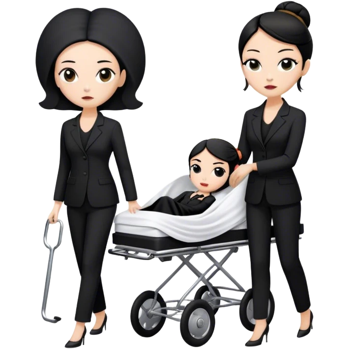 Two woman in black pants suits. One has black hair in a bun and one has brown long hair. They are pushing a stretcher with a dead body on it covers in sheets in to a black funeral Mercedes Vito car  emoji