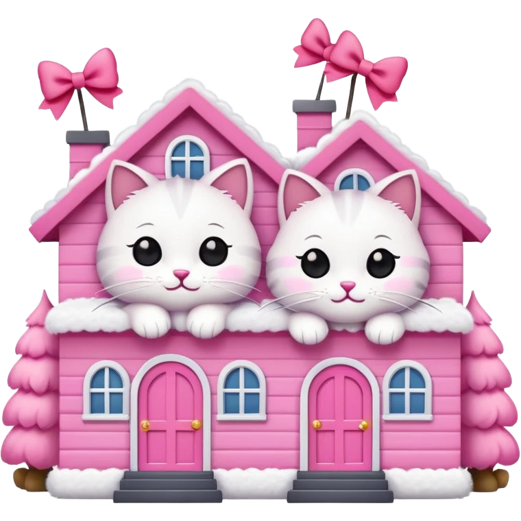 two happy cats in love, with a pink house behind them that has a bow on the roof, emoji style emoji