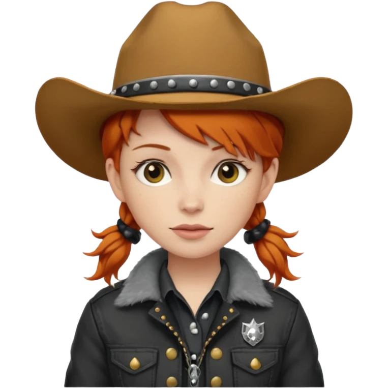 Ginger long hair cowgirl with soft punk hat and jacket emoji