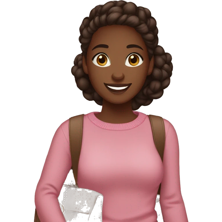 Girl smiling, walking through the mall, dark skin, in a pink sweater, wearing white sneakers, hair in a bun on top of her head, marsala hair color, brown eyes, with bags in her hands. emoji