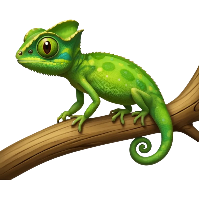 A small green chameleon, with large, expressive eyes, perched on a branch. emoji
