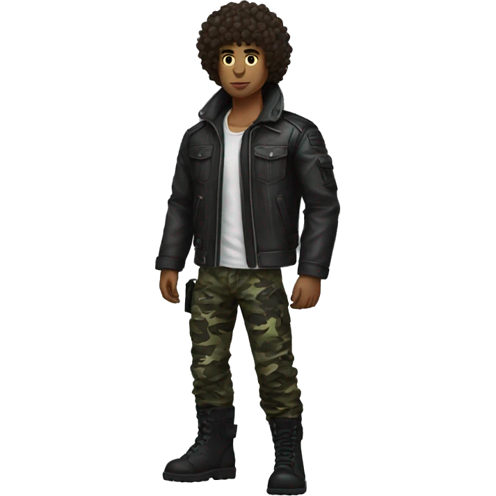 A dark skinned curly haired punk guy with urban camo pants and tactical boots and wearing a Leather jacket emoji