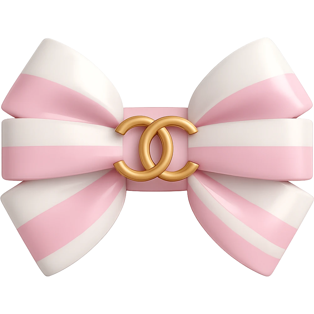 Change the bow to pink and white, keep the gold Chanel logo, glossy, elegant, 3D emoji style. Remove the background. emoji