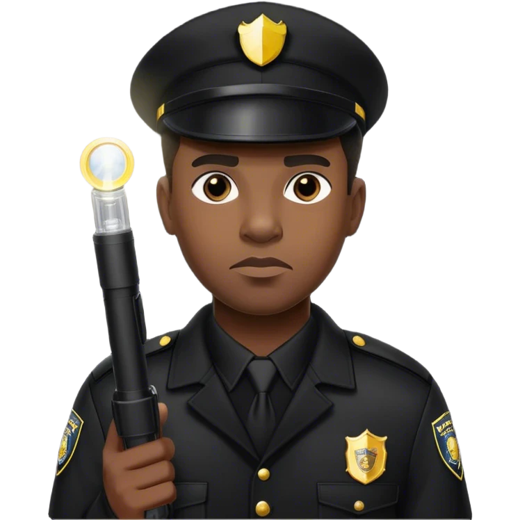 A vigilant male security guard wearing a black uniform, a cap with ‘SECURITY’ embroidered on it, and a black jacket. He holds a flashlight  shining its beam forward, with a focused and alert expression. emoji